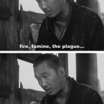 Four stills from the very beginning of Japanese filmmaker Akira Kurosawa's film Rashomon (1950).