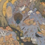 ‘The Conference of the Birds’, opaque watercolor, ink, silver, gold on paper; 10 x 4 1/2 in. Metropolitan Museum of Art access. no. 63.210.11