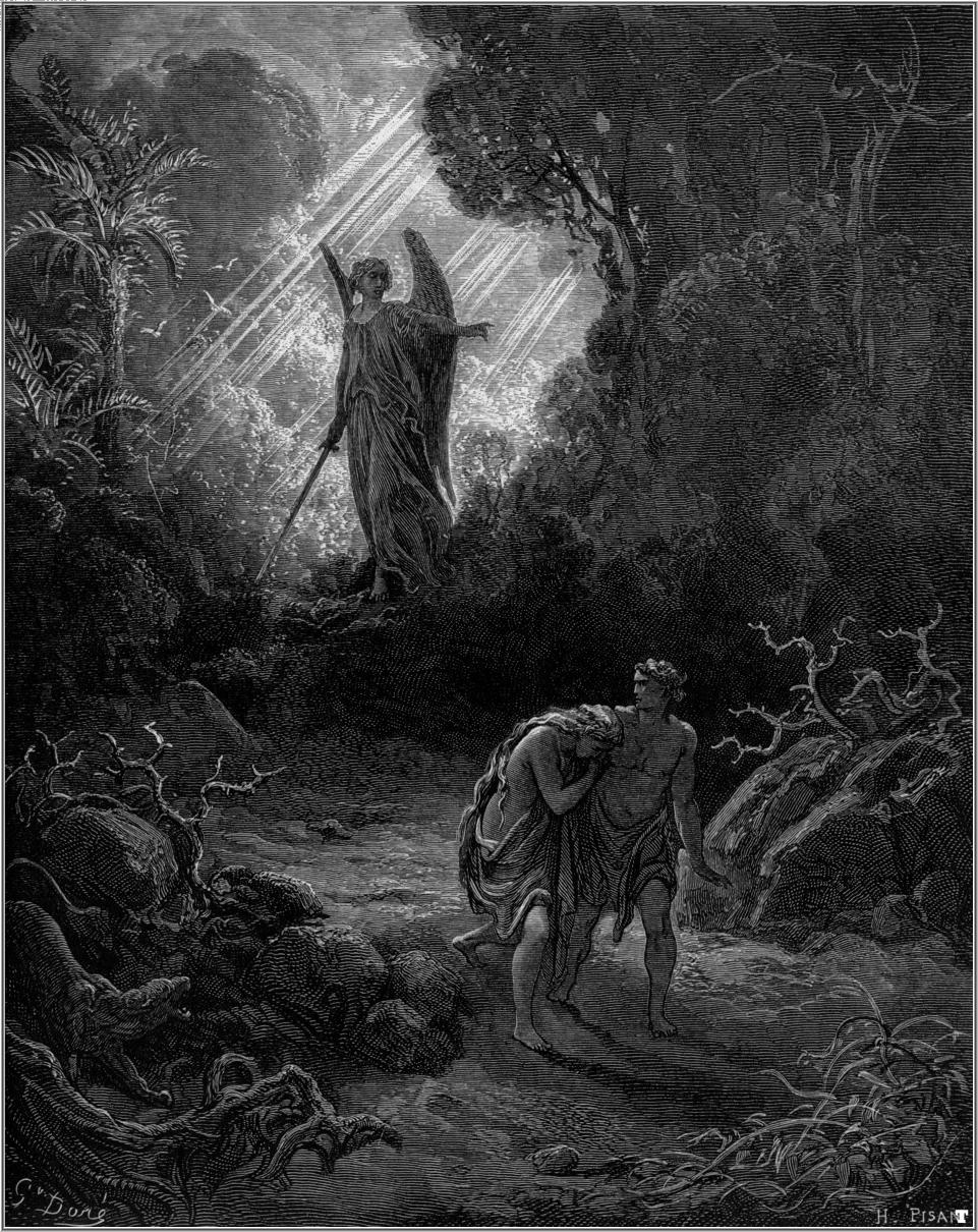 An engraving by Gustave Dore depicting Adam and Even being driven out of Eden