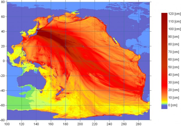 Map of the distribution of energy in the ocean after the earthquake issued by the West Coast and Alaska Tsunami Warning Center on March 11, 2011