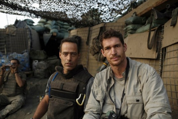 Tim Hetherington (right) and Sebastian Junger (left) at the Restrepo outpost in the Korengal Valley, Afghanistan.
