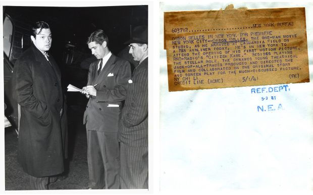 A wire-service photo of Orson Welles arriving for the New York premiere of Citizen Kane on May 1, 1941