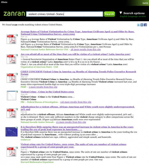 Zanran (beta): example of search results for "violent crimes United-States"