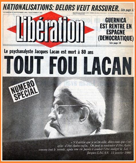 Libération, September 11, 1981: cover announcing Jacques Lacan's death