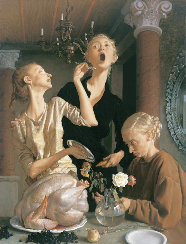 “Thanksgiving” by Joh Currin, oil on canvas, 1729 x 1323 mm, painting. Lent by the American Fund for the Tate Gallery, courtesy of Marc Jacobs, 2004. © 2011, John Currin.