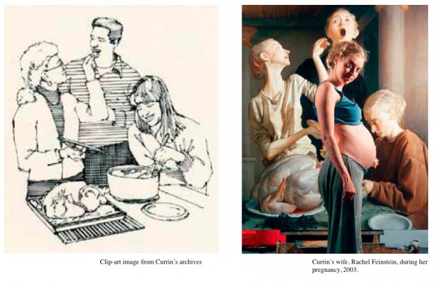 Related material to the painting "Thanksgiving" by John Currin, 2003: art-clip and photo of pregnant wife