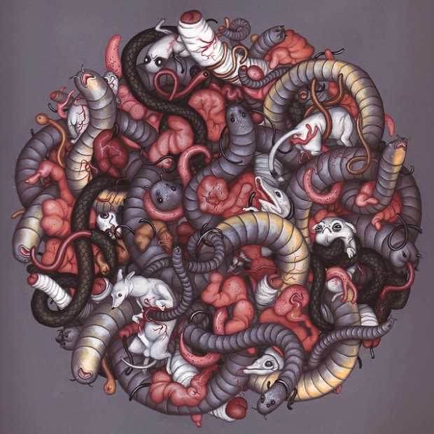“Afterbirth” by Allison Sommers, gouache on illustration board, 12" x12", 2010. © Allison Sommers.