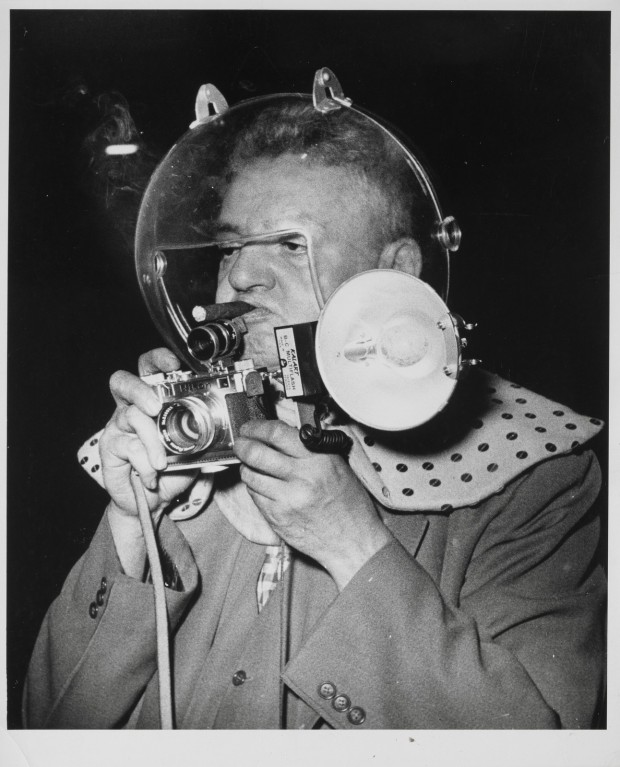 “Self-Portrait As Space Man At Circus” by Weegee, date unknown, 9 1/8 x 7 5/8 in. (image). © Weegee/International Center of Photography/Getty Images. Indianapolis Museum of Art accession number: 2009.219