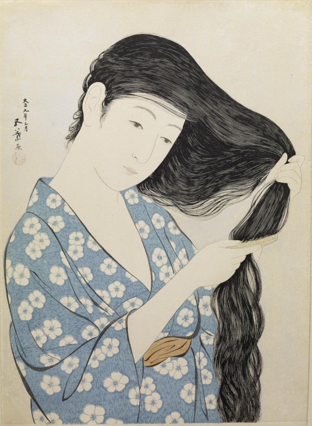 “Kamisuki (Combing the hair)” by Hashiguchi Goyō, 1920. Retrieved from Wikimedia Common. 