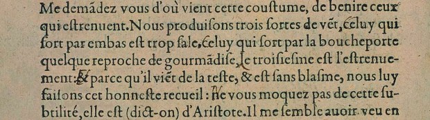 Image of the original French version from 1580 of Montaigne’s comment on sneezing (Essays, Book III, c. VI.)
