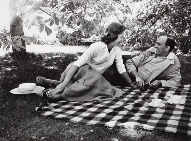 Ingmar Bergman and Käbi Laretei on a picnic blanket photographed by Lennart Nilsson, 1960s