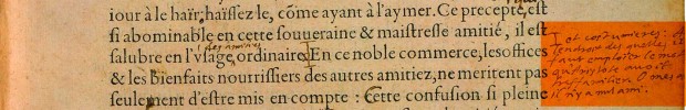 Hand-written note Montaigne’s Essais, Bordeau Copy, 1588, §XXVIII, p. 72. 