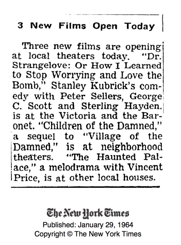 The New York Times: “3 New Films Open Today”, January 29 1964.