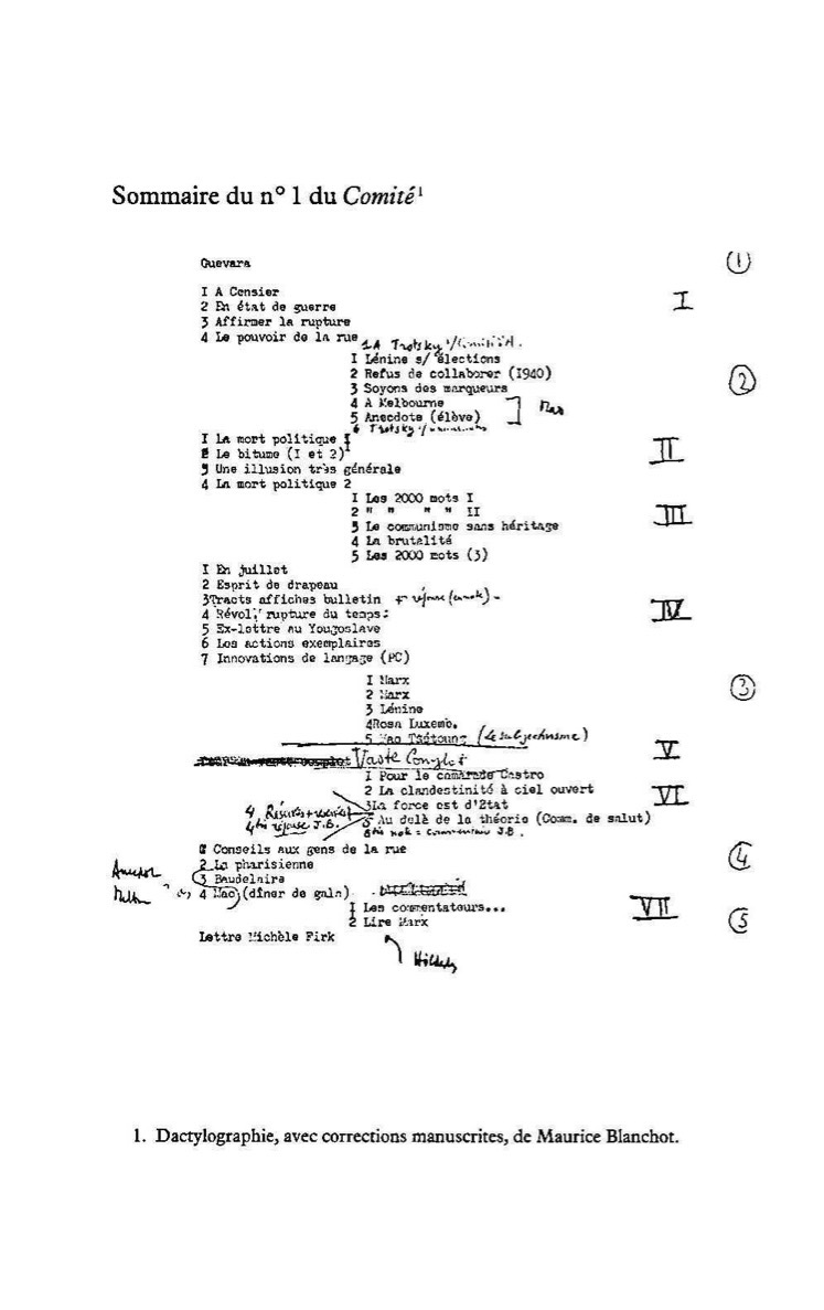 Image of a facsimile of the table of content of Comité No. 1 (October 1968) annotated by Maurice Blanchot