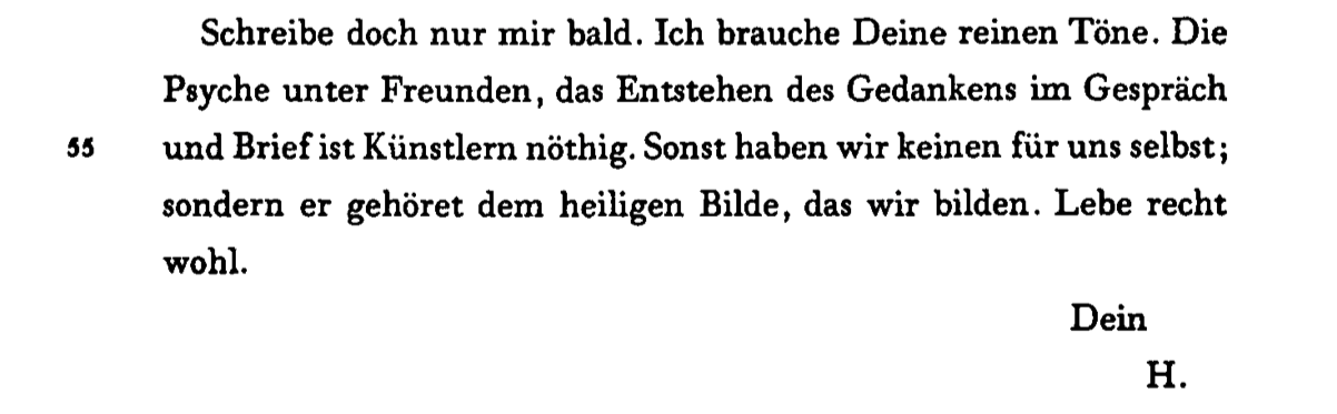 Image of the last paragraph of Hölderlin’s second letter (in German) to Boehlendorff (also spelled Böhlendorff), as it appears in the <em>Große Stuttgarter Ausgabe</em>, Volume 6.1 (Stuttgart: W. Kohlhammer Verlag, 1954, p. 433)