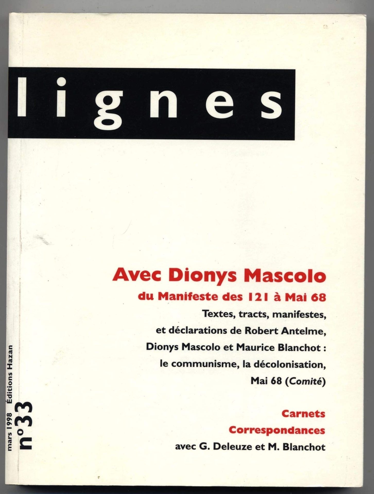 Cover “Avec Dionys Mascolo,” Lignes, Issue No. 33, March 1998